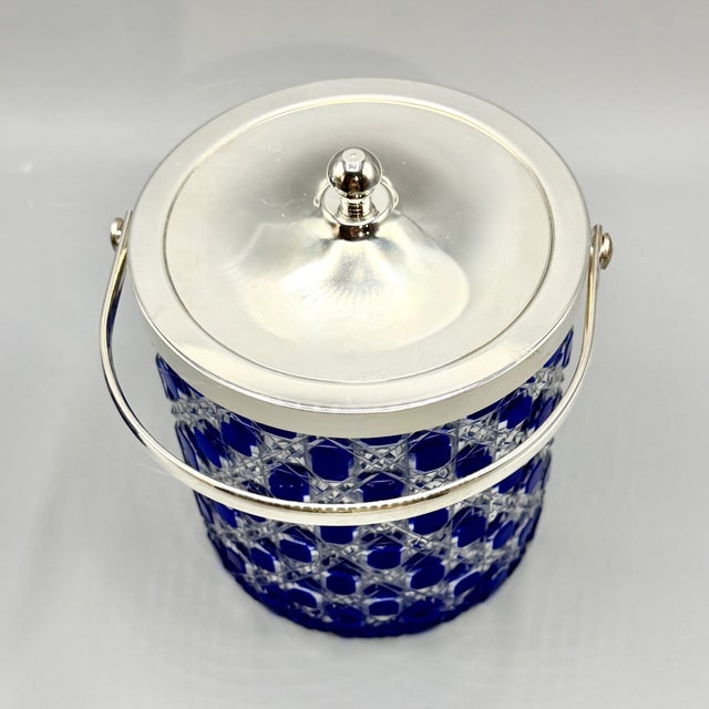 Mid-Century Modern Art Glass Jars with Blue Cut in Clear Crystal Biscuit Barrels with Silver-Plated Mounts, 1950s, Set of 2 For Sale - Image 10 of 18