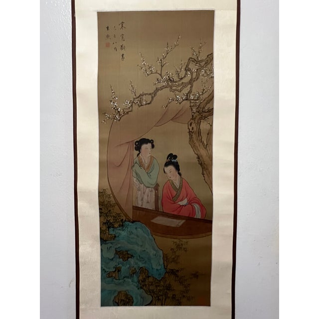 Textile Vintage Chinese Art Scroll Painting Landscape Garden With People Design For Sale - Image 7 of 8