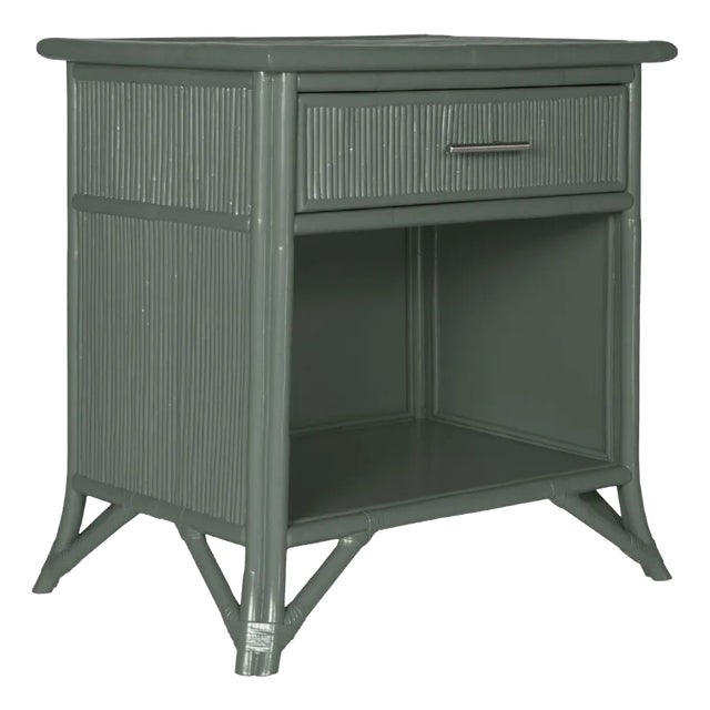 Pencil Rattan One-Drawer Nightstand, Evergreen For Sale