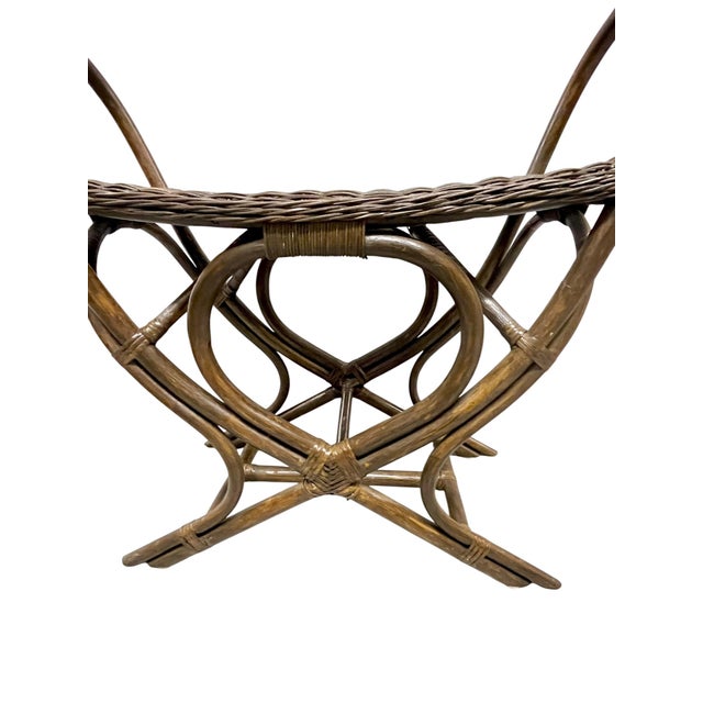 Cabin Vintage Woven Rattan & Bamboo Stool With Sculptural Loop Base For Sale - Image 3 of 18