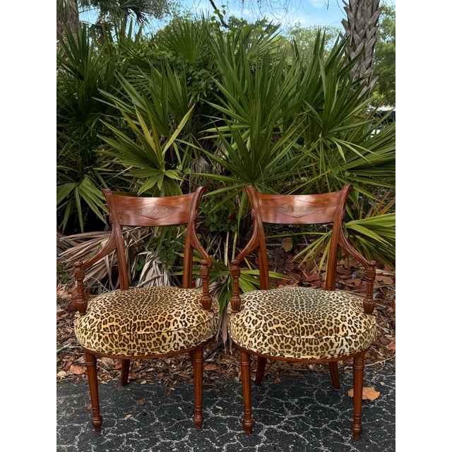 Antique Pair of French Regency Style Rosewood Armchairs With Brass Inlay & Leopard Upholstery For Sale - Image 4 of 6