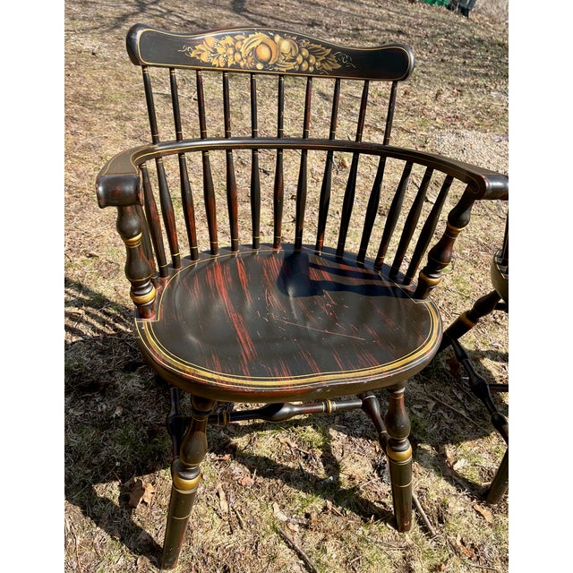 1950s Pair Stenciled Arm Chairs Windsor Comb Backs Attrib.Nichols & Stone Harvest Farmhouse For Sale - Image 5 of 8
