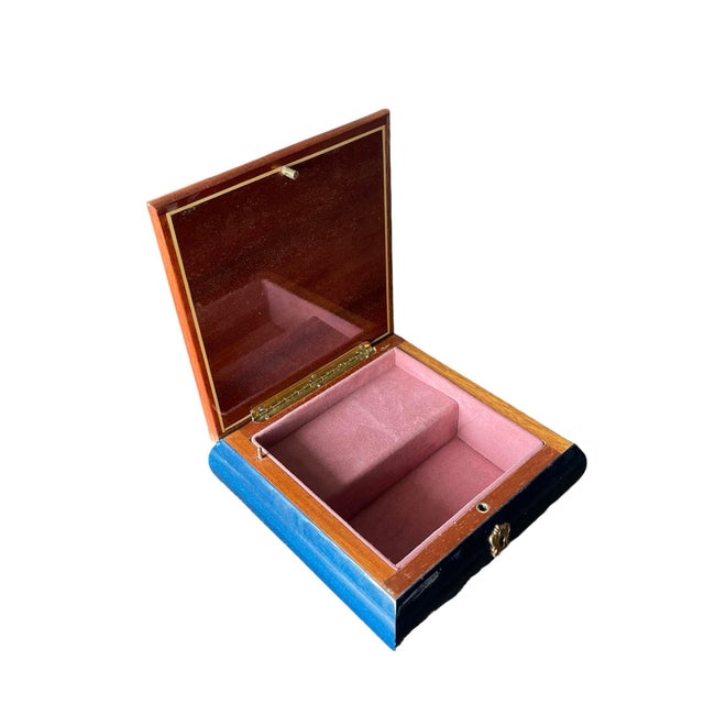 Mid-Century Modern 1970s Vintage Dark Blue Italian Wood Inlay Musical Box For Sale - Image 3 of 9