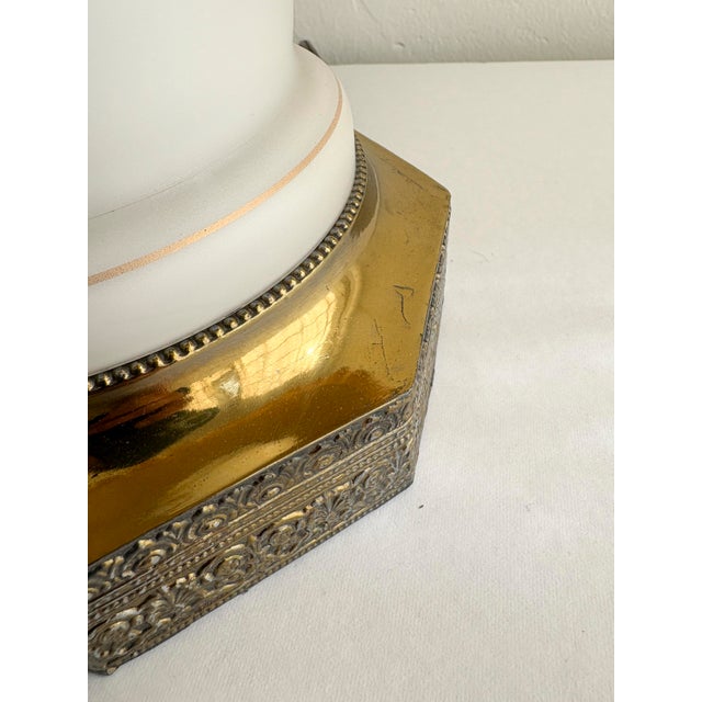 Mid Century Bavarian Glass Lamp Painted Floral Gold Accents With Shade For Sale - Image 9 of 11