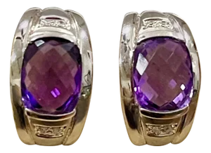 6 Carat Amethyst and Diamond 14 Karat White Gold Earrings, Omega Back