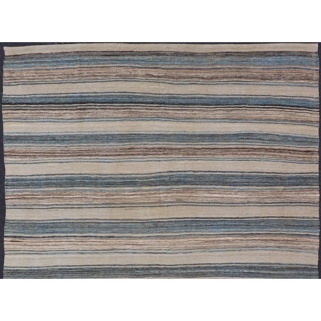 Versatile Striped Design and Natural Brown Cream and Blue Flat-Weave Kilim For Sale - Image 9 of 13