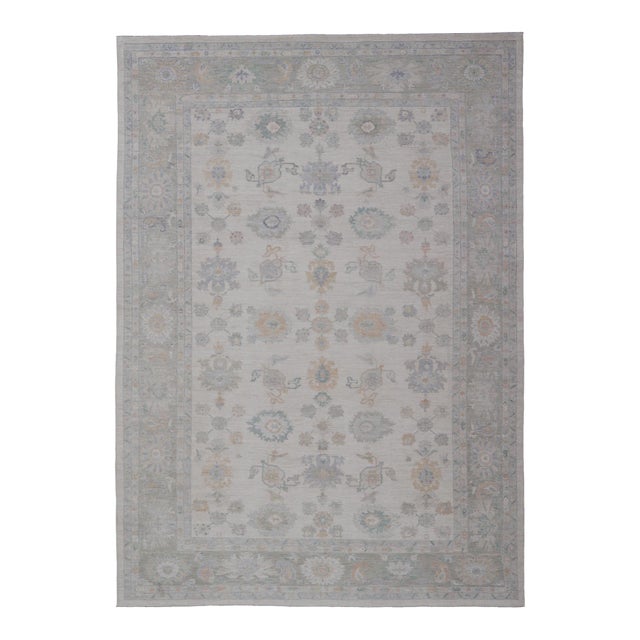 Oushak Rug With Ivory Soft Pastel Accents in Sage, Peach, and Blue 12'3 X 17'10 For Sale