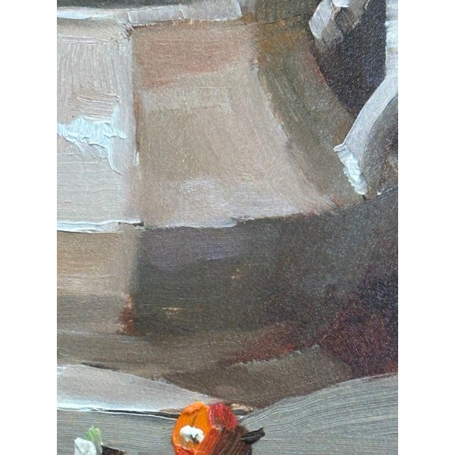 Original Oil on Board, White Bowl, Blue Canister and Roses, Unframed. Signed by Qiang Huang