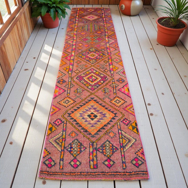 Contemporary 1950s Runner Rug Turkish Hand-Knotted Rug Pink Hallway Decor Kitchen Runner 3x11 Ft Approx For Sale - Image 3 of 13