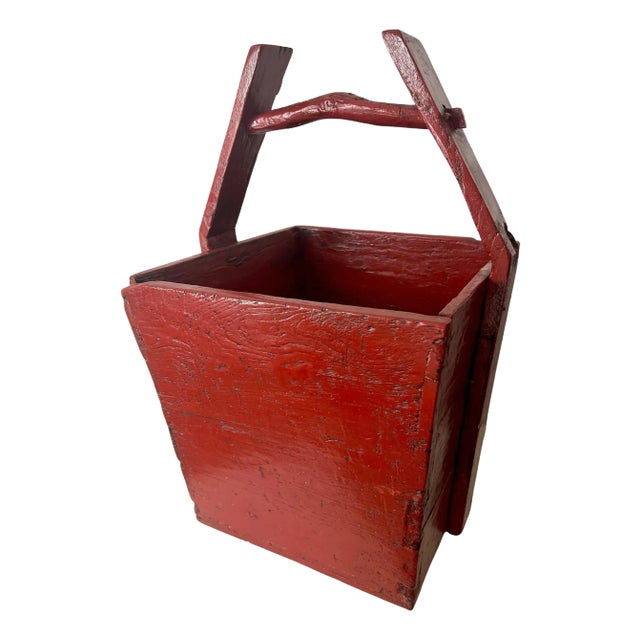 Red Lacquered Wooden Chinese Rice Container Planter or Jardiniere For Sale