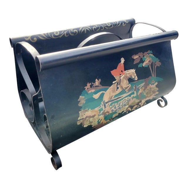 Vintage Equestrian Black Metal Painted Horse Jockey Magazine Holder Rack For Sale