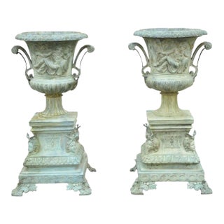 Late 20th Century French Louis XV XVI Style Bronze Verdigris 43" Figural Garden Planters - A Pair For Sale