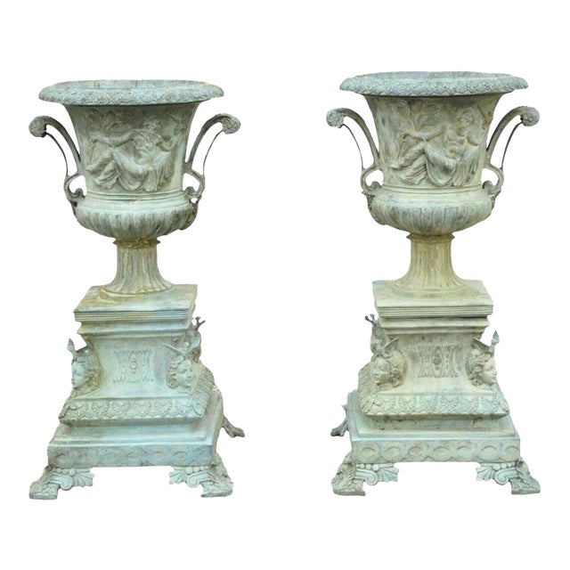Late 20th Century French Louis XV XVI Style Bronze Verdigris 43" Figural Garden Planters - A Pair For Sale