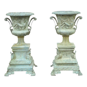 Late 20th Century French Louis XV XVI Style Bronze Verdigris 43" Figural Garden Planters - A Pair