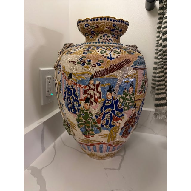 Chinoiserie Large 16” Vintage Japanese Satsuma-Style Moriage Vase • Hand-Painted Court Scene • Raised Enamel • Chinoiserie Decor Statement Piece For Sale - Image 3 of 5