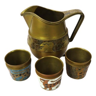 1960s Fantastic Mosaic and Brass Pitcher by Salvador Teran with 3 glasses - Set of 4 For Sale