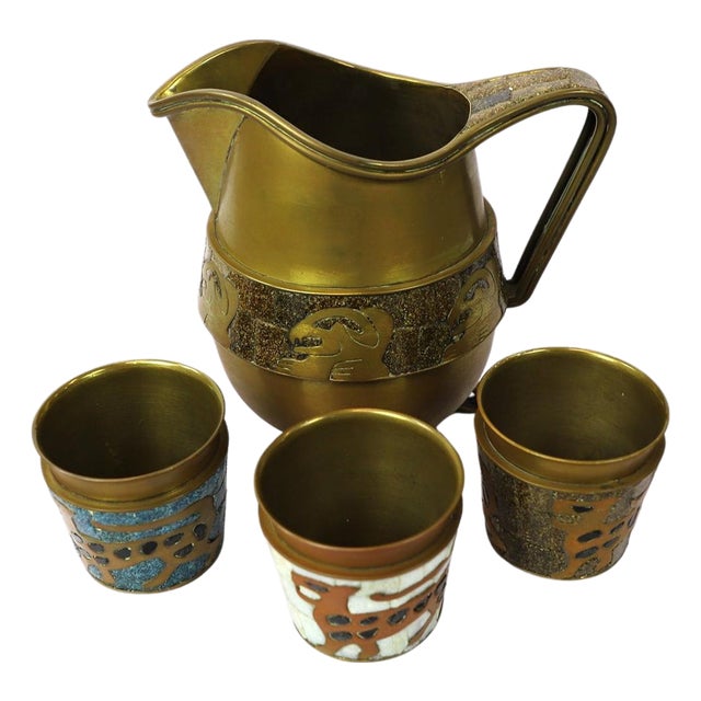 1960s Fantastic Mosaic and Brass Pitcher by Salvador Teran with 3 glasses - Set of 4 For Sale