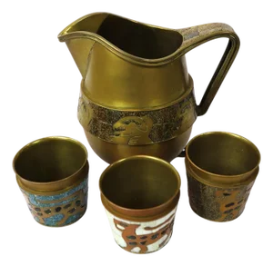 1960s Fantastic Mosaic and Brass Pitcher by Salvador Teran with 3 glasses - Set of 4