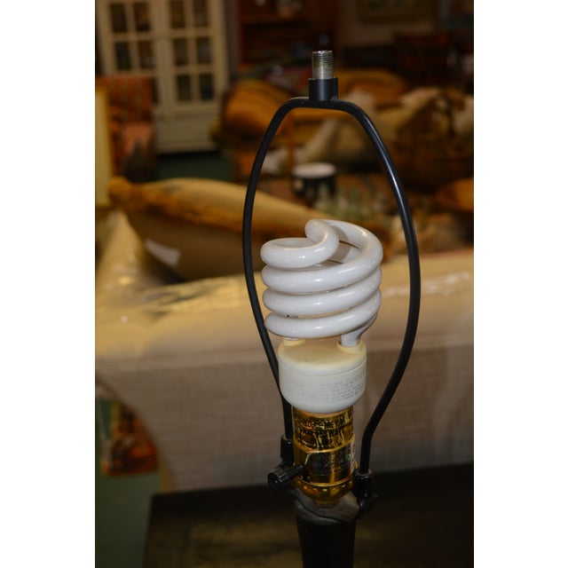 1990s Mission Style Stained Glass Floor Lamp Cream & Black W/ Bronzed Metal Column & Square Iron Base For Sale - Image 11 of 14