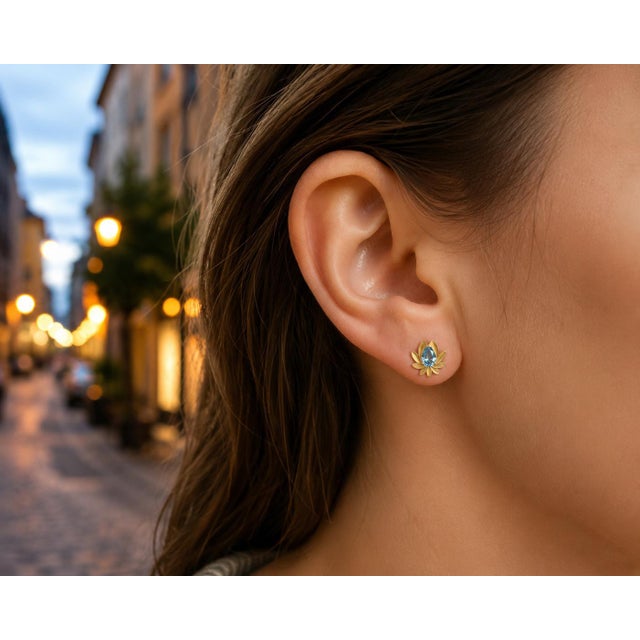 Blue Pear-Cut Topaz Lutus Flower Earrings Studs, Silver, Gold, Pair For Sale - Image 8 of 8