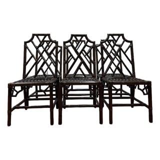 Vintage Set of 6 Chinese Chippendale Rattan Dining Chairs For Sale