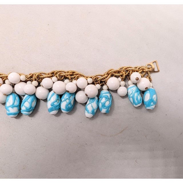 1960s Vintage Napier Book Piece Goldtone Blue & Turquoise Art Glass Charm Bracelet, 1967 For Sale - Image 5 of 15