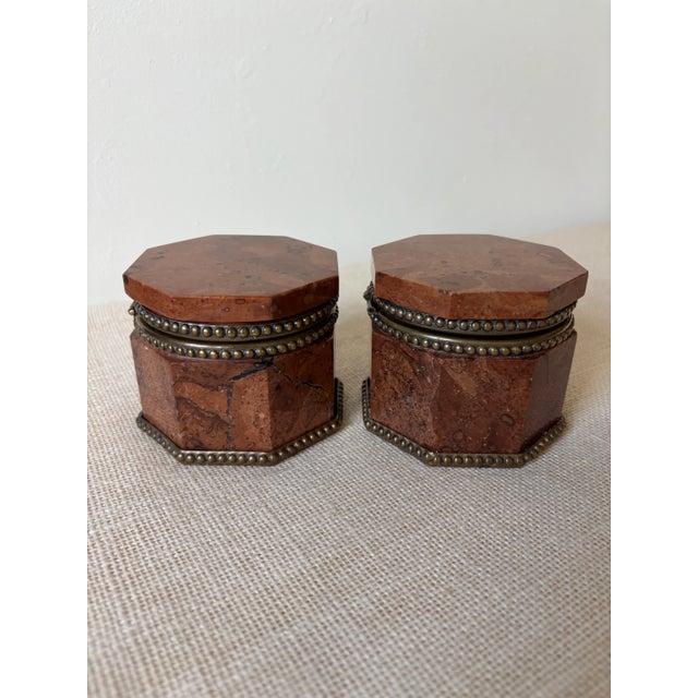Pair of antique 19th century, Italian red marble octagonal Inkwells or Decorative Boxes with bronze mounts. These French,...