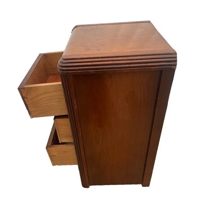 1920s Art Deco Nightstand Bed Side Table Three Drawers Bakelite Handles Waterfall Top For Sale - Image 4 of 12