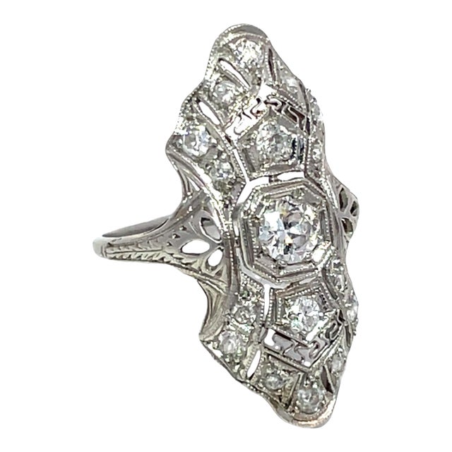 Antique Art Deco Platinum Diamond Filigree Cocktail Ring, Size 5 For Sale