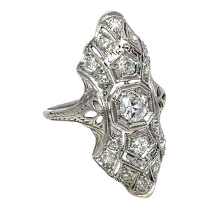 Antique Art Deco Platinum Diamond Filigree Cocktail Ring, Size 5