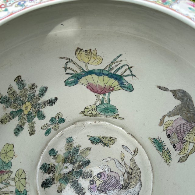 Metal Vintage Large Porcelain Hand Painted Medallion Chinese Famille Rose Fishbowl /Jardiniere For Sale - Image 7 of 12
