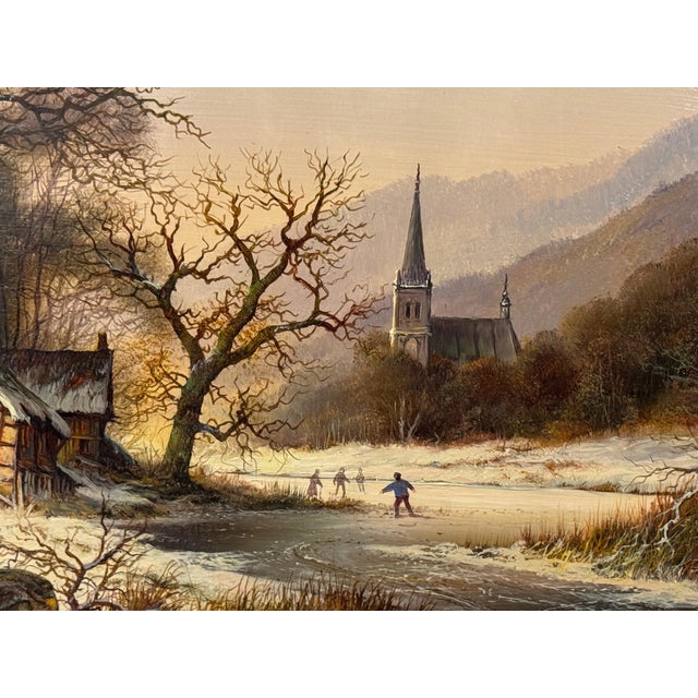 Vintage Rural Landscape Snow Scene "Winter Cold, Farm Idyll" by German Artist 1970 Circa For Sale - Image 6 of 15