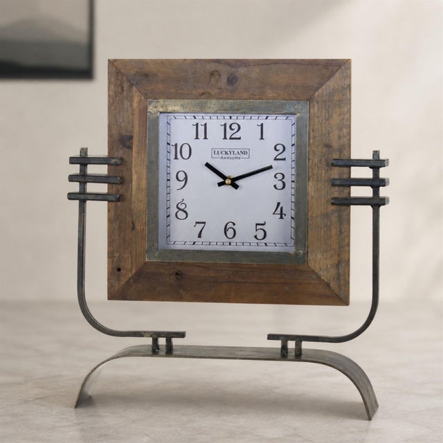 Kenneth Ludwig Chicago Wood Square Clock on Rustic Metal Stand 17.5"H For Sale - Image 4 of 4