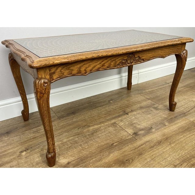 Vintage French Carved Oak Coffee Table with Glass Top For Sale - Image 4 of 14