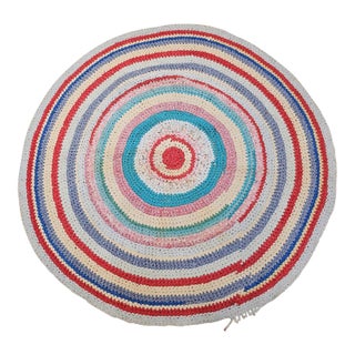 Antique American Braided Round Rug, Handwoven Folk Art, Red & Blue, 4x4 For Sale