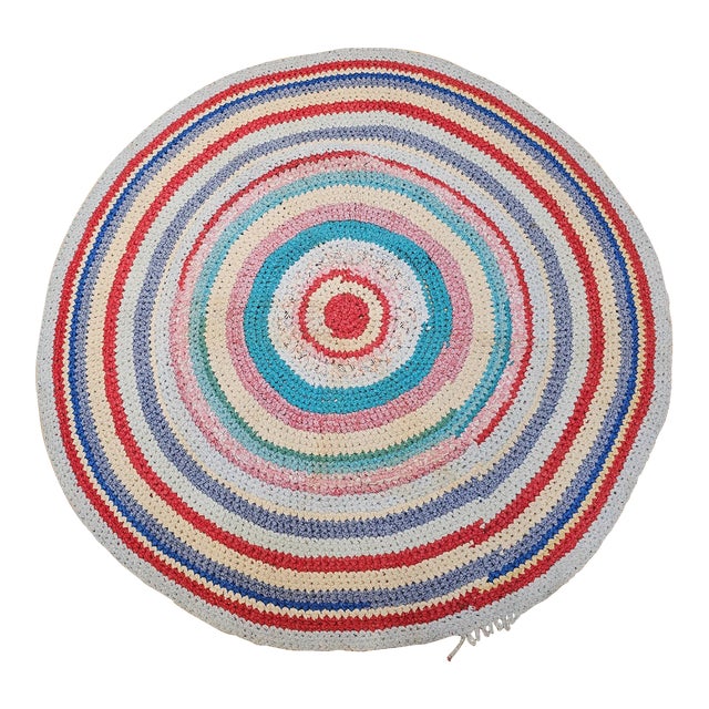 Antique American Braided Round Rug, Handwoven Folk Art, Red & Blue, 4x4 For Sale