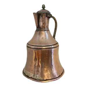 Vintage Large Bell Shaped Spouted Copper Pot Hand Hammered With Brass Embellishments
