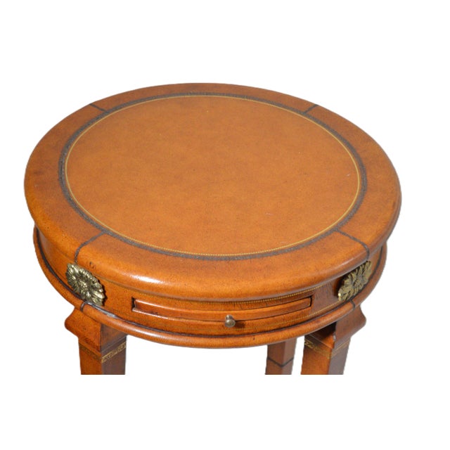 1980s Maitland Smith Style Round Leather Wrapped Brass Gueridon Side Drink Table For Sale - Image 5 of 11