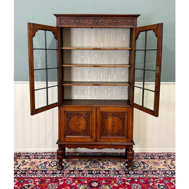 1930s Antique English Bookcase Bookshelf Cabinet Double Door Wavy Glass Oak c.1930s For Sale - Image 5 of 17
