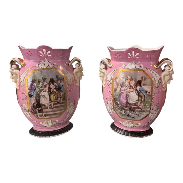 Pair of Antique Old Paris Porcelain Scenic & Gilt Decorated Handled 13.5" Vases For Sale