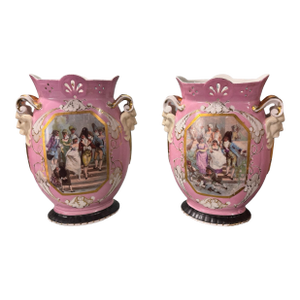 Pair of Antique Old Paris Porcelain Scenic & Gilt Decorated Handled 13.5" Vases