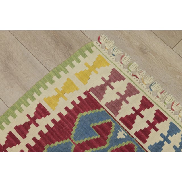 Textile 1960s Turkish Geometric Red and Blue Hand Knotted Kilim Rug For Sale - Image 7 of 13