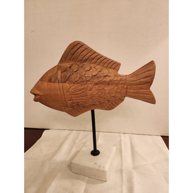 Contemporary Elegant Carved Wooden Fish Float-Mounted on a Marble Stand For Sale - Image 13 of 13