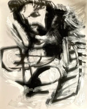 "The General" Contemporary Abstract Ink and Acrylic Black and White Painting on Sailcloth