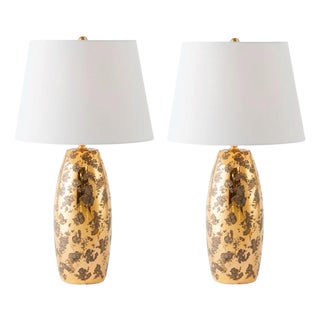 Global Views “Shiny Barrel” Table Lamps – Gold Spotted Ceramic - Pair For Sale