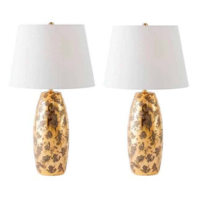 Global Views “Shiny Barrel” Table Lamps – Gold Spotted Ceramic - Pair For Sale