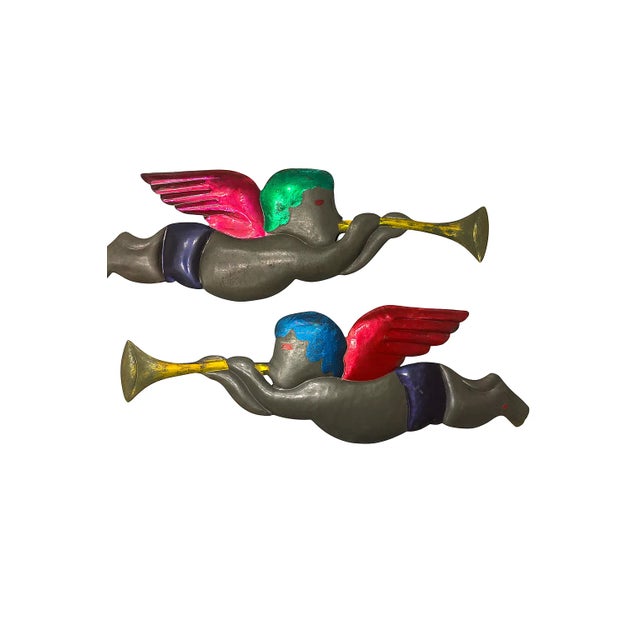 Large and Rare Vintage Mexican Tin Folk Art Angels – 24″ Hand-Painted Trumpet Wall Pair For Sale In San Diego - Image 6 of 11