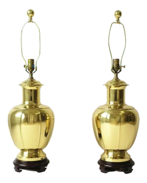 Chinoiserie Style Gold Brass Table Lamps After Designer James Mont, Pair