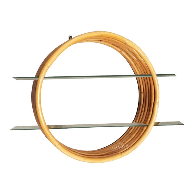 Restored Rattan Mid-Century Circular Rattan Wall Shelf W/ Glass Shelves For Sale