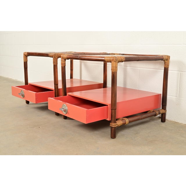 John Wisner for Ficks Reed Mid-Century Hollywood Regency Bamboo Rattan Glass Top Side Tables, Pair For Sale In South Bend - Image 6 of 11